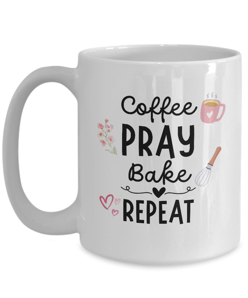 Get the limited-time "Coffee Pray Bake Repeat" mug, decorated with coffee cups, flowers, hearts, and a whisk—a perfect gift for bakers to enjoy caffeine and creativity!.