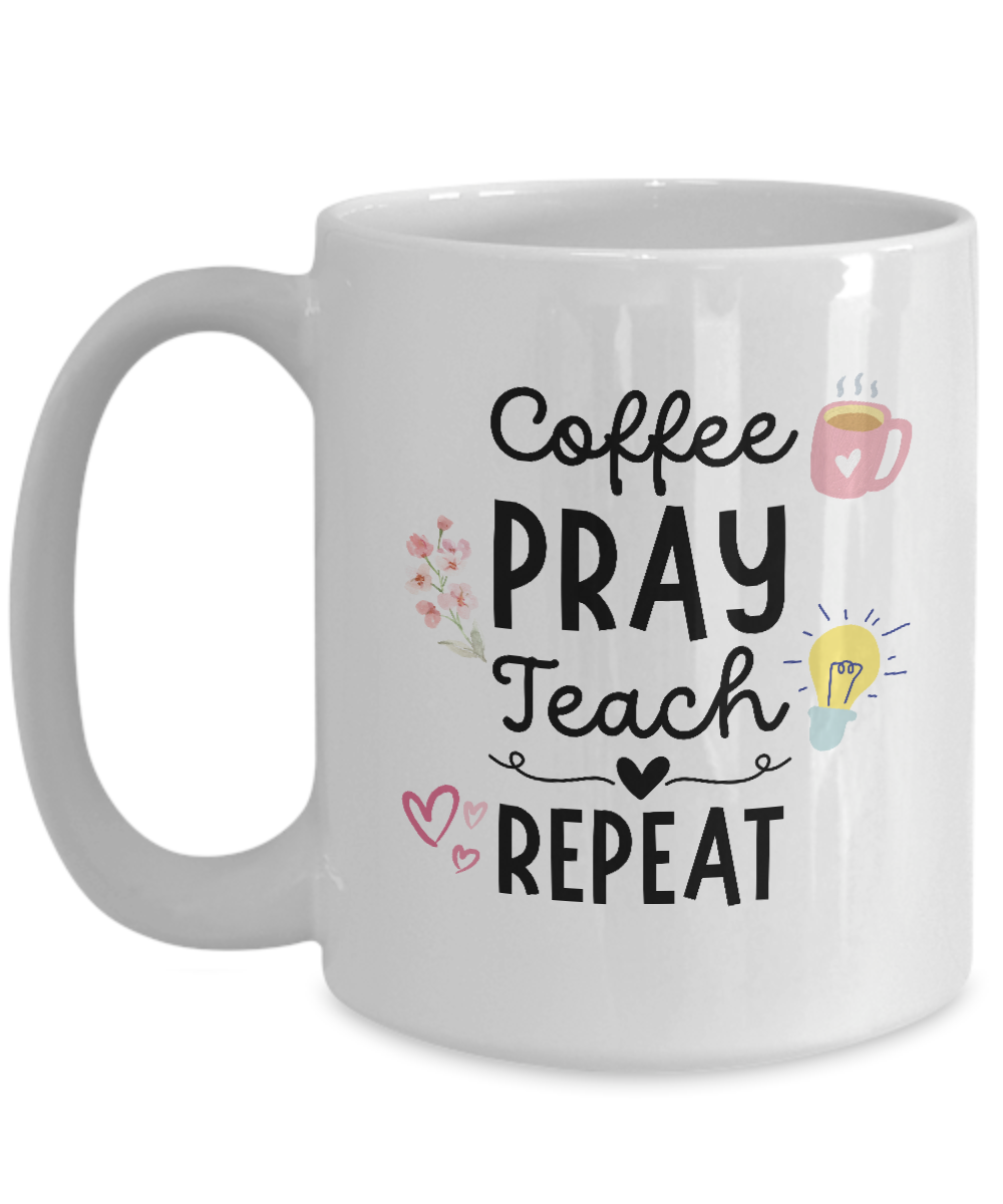 The "Coffee Pray Teach Repeat" mug, featuring hearts, a light bulb, and a coffee cup illustration, is a limited-time offer. This thoughtful teacher appreciation gift is printed and shipped with care for safe checkout.