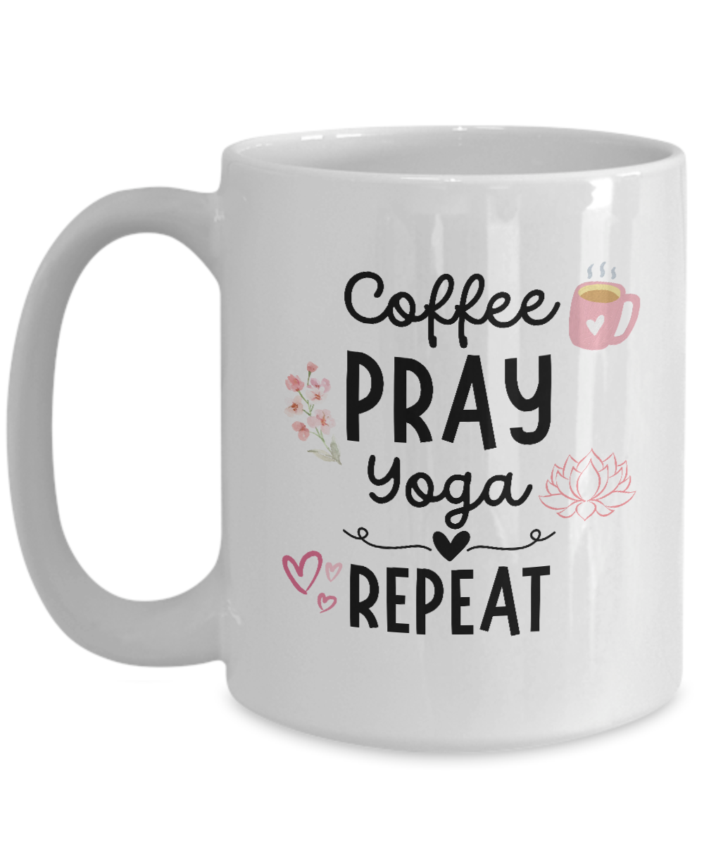 The "Coffee Pray Yoga Repeat" white mug, adorned with charming coffee cup, flower, and heart illustrations, is available for a limited time. Enjoy safe checkout when you purchase the Coffee Pray Yoga Repeat Coffee Mug | Best Gift Ideas And Appreciation Cup For Yogi today.