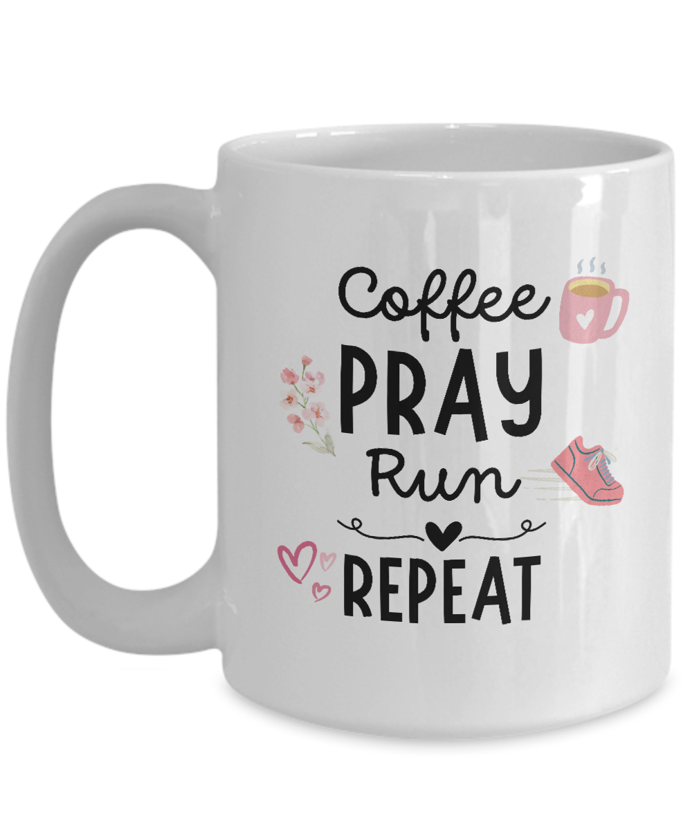 The "Coffee Pray Run Repeat" mug, featuring a coffee cup, flower, heart, and sneaker illustration, is printed and shipped from the USA. Available for a limited time! Perfect gift idea for runners.