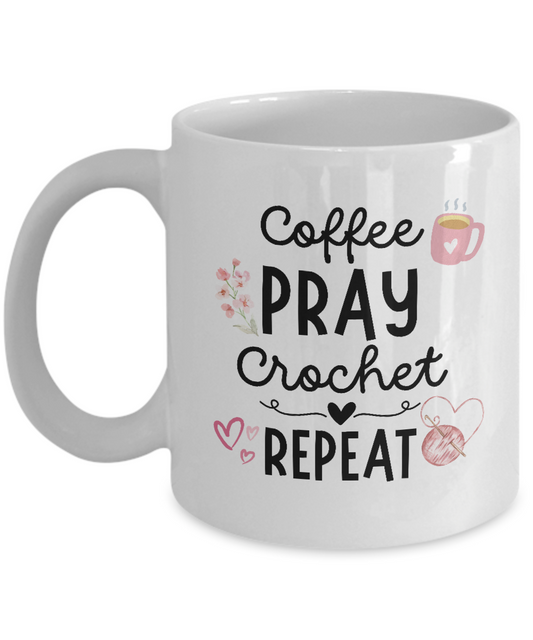 Our Limited Edition Coffee Pray Crochet Repeat Coffee Mug is adorned with charming illustrations of a coffee cup, flowers, hearts, and yarn. Perfect as a unique piece for your collection or as the best gift idea for any crocheter. Buy it now!