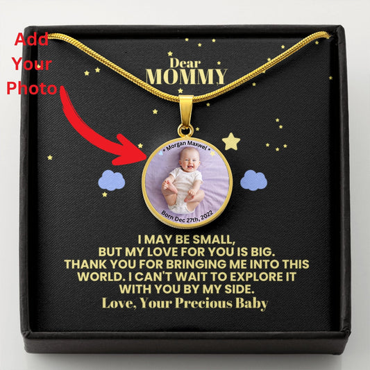 A personalized gift box with a Custom Photo Necklace With Message Card For New Mom First Time Mom Gift From Husband For Mother's Day featuring a customizable photo slot and a heartfelt message from a baby to their new mom.