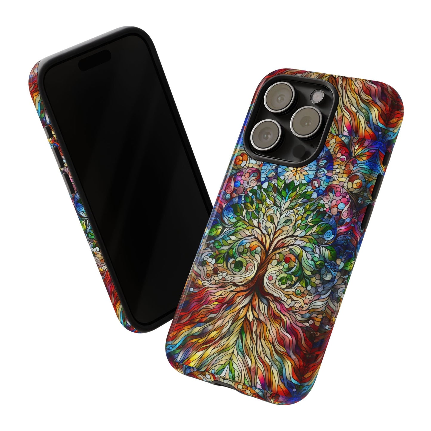 Two smartphones adorned with the Celtic Tree of Life Aesthetic Phone Case, featuring a vibrant and colorful tree design that evokes the charm of stained glass.