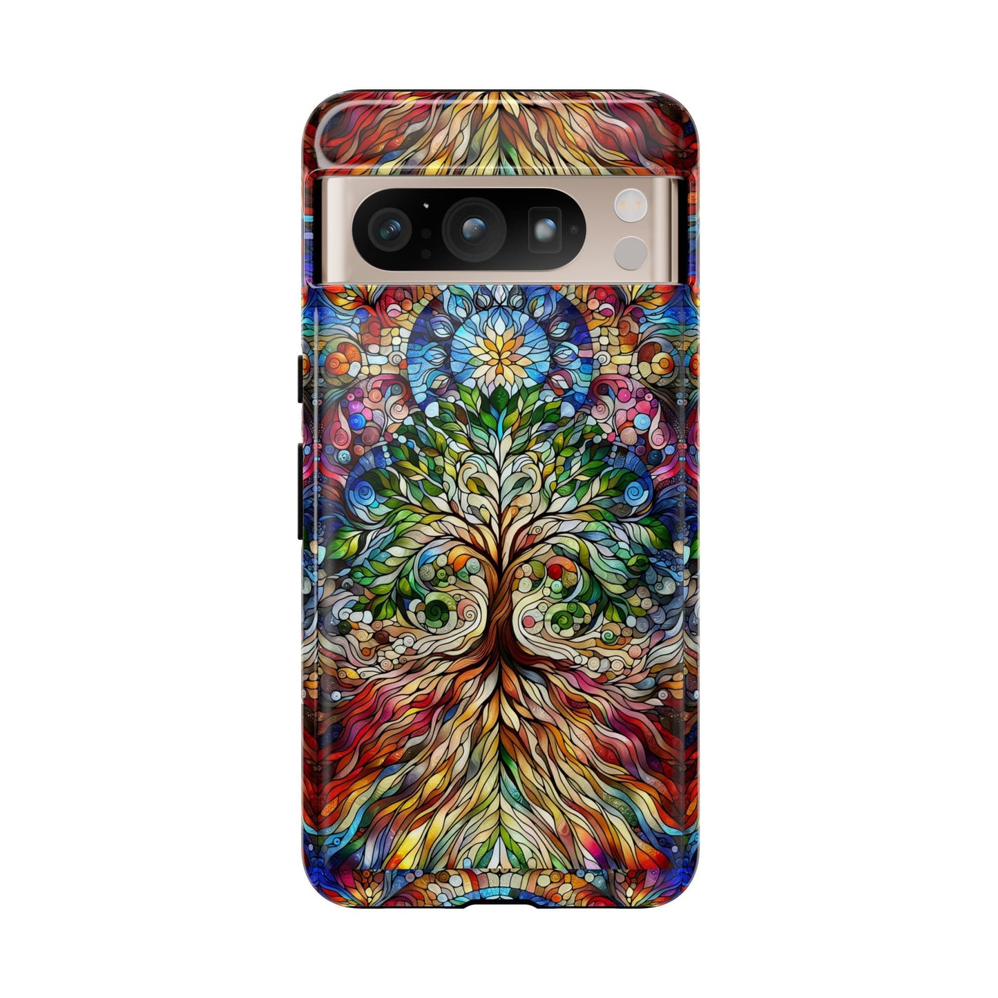 The Celtic Tree of Life Aesthetic Phone Case showcases a vivid and intricate design of swirling branches and leaves, reminiscent of a stained glass masterpiece.