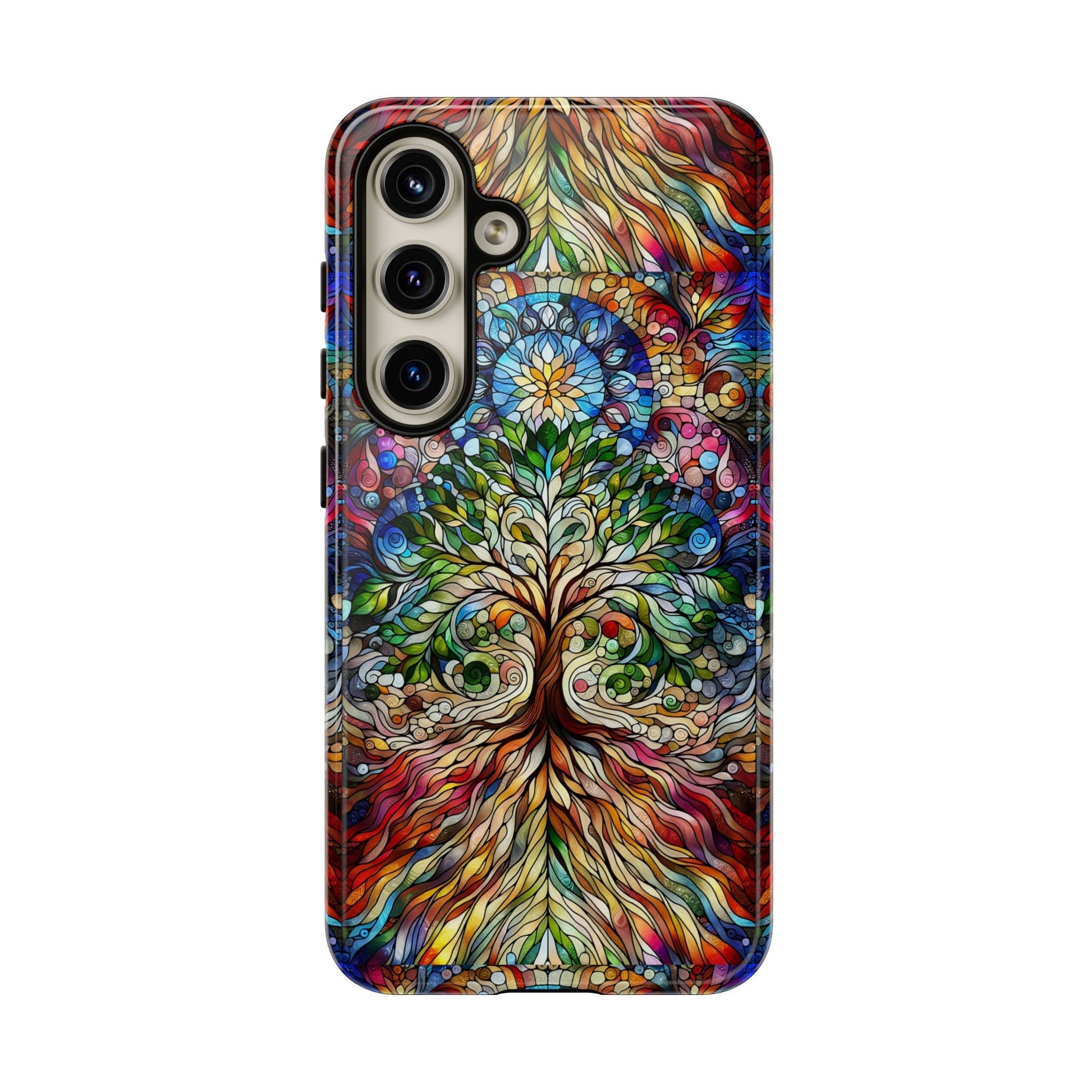 Smartphone adorned with the Celtic Tree of Life Aesthetic Phone Case, featuring a colorful and intricate design with swirling patterns and vibrant colors.