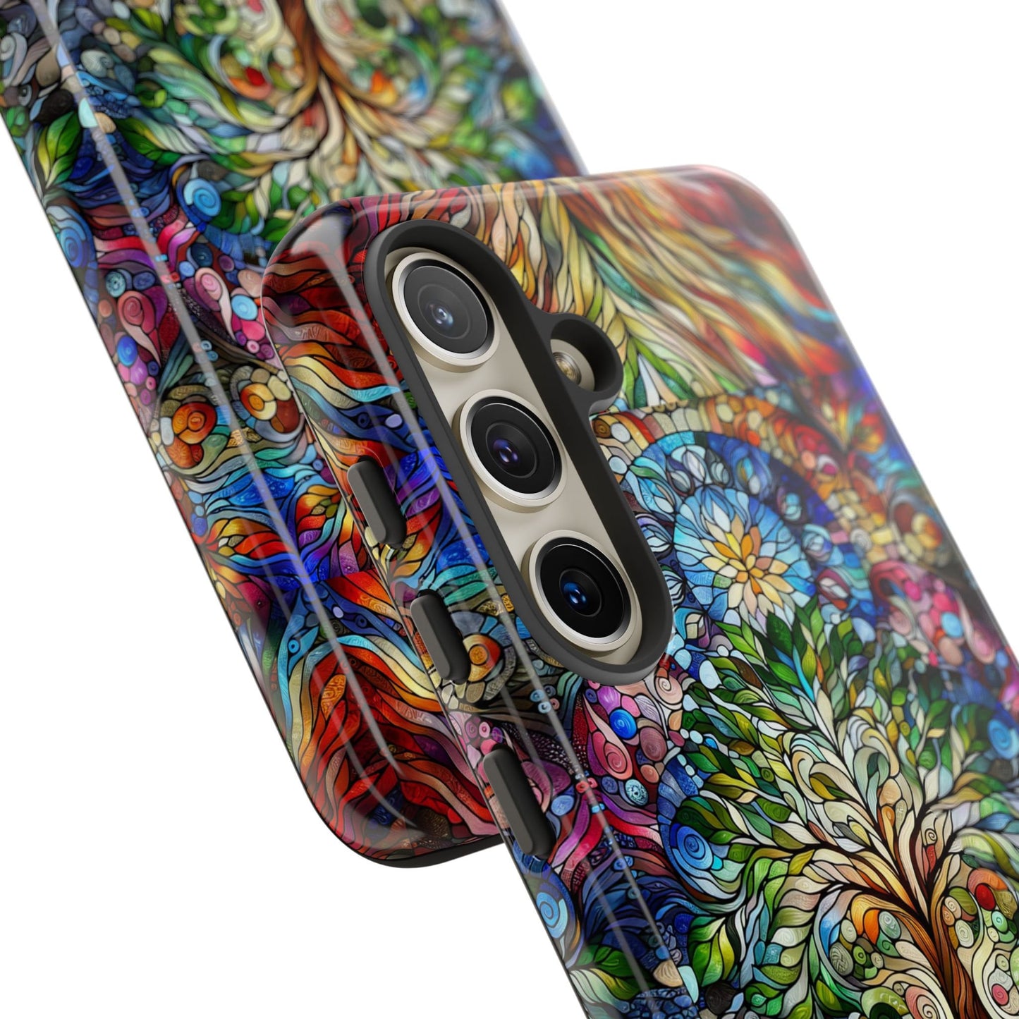 Close-up of two smartphones adorned with Celtic Tree of Life Aesthetic Phone Cases, displaying vibrant and intricate designs inspired by stained glass art, featuring leaves, swirls, and abstract shapes.