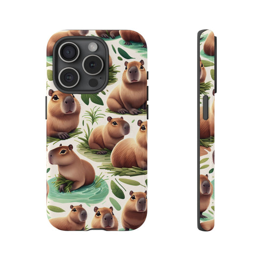 This adorable Adorable Capybara Design Phone Case for the iPhone 15 Pro highlights charming illustrations of capybaras in their natural habitat, making it an ideal Lovely Capybara Gift for animal enthusiasts.