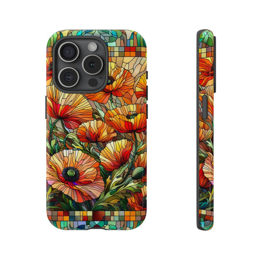 Front view and side view of an iphone 15 Pro Stained Glass Phone Case. It features an intricate design inspired by the August Birth Flower Poppy, seamlessly combining vibrant colors and detailed design that mimics stained glass artistry.