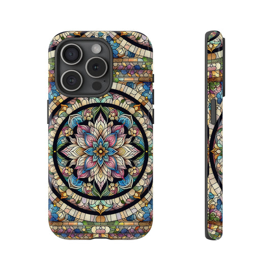 Front view and side view of an iphone 15 Pro Stained Glass Phone Case. It features an intricate design inspired by traditional stained glass artwork, features a vibrant floral mandala that radiates beauty and tranquility.