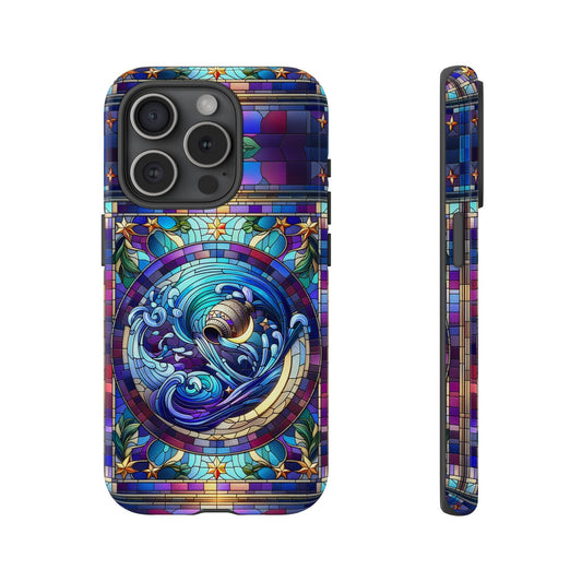 The Zodiac Sign Aquarius Horoscope Stained Glass Astrology Celestial Phone Case features a vibrant, detailed stained-glass design with swirling ocean waves and a shell motif, visible elegantly from both front and side views. Ideal for astrology enthusiasts looking for a distinctive fusion of art and zodiac symbolism.