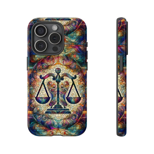 Front view and side view of an iphone 15 Pro Phone Case featuring a balanced scale, the iconic symbol of Libra, rendered in vibrant stained glass aesthetics.