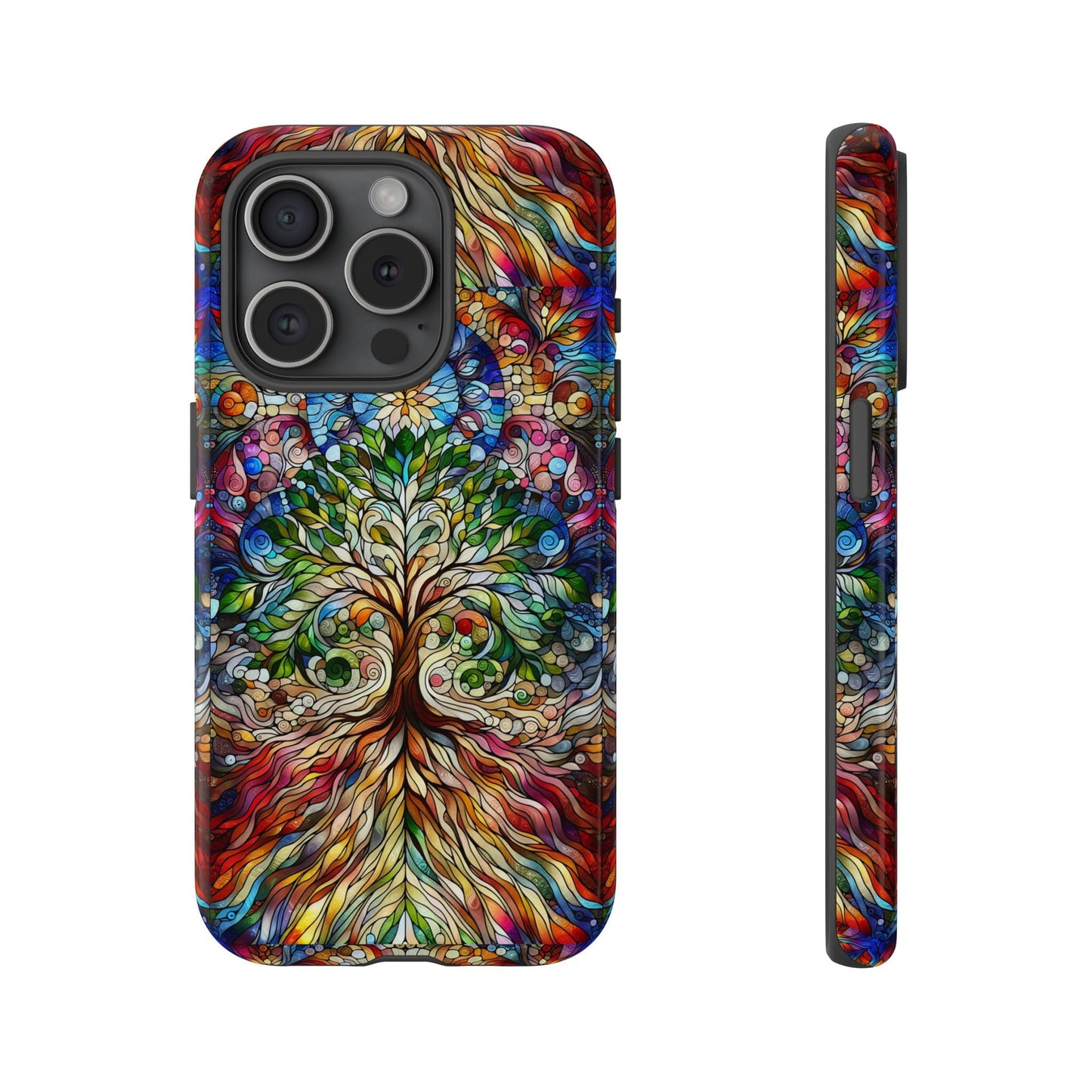 The Celtic Tree of Life Aesthetic Phone Case showcases a vibrant and detailed design inspired by stained glass artistry, offering a stunning view from both the back and side.