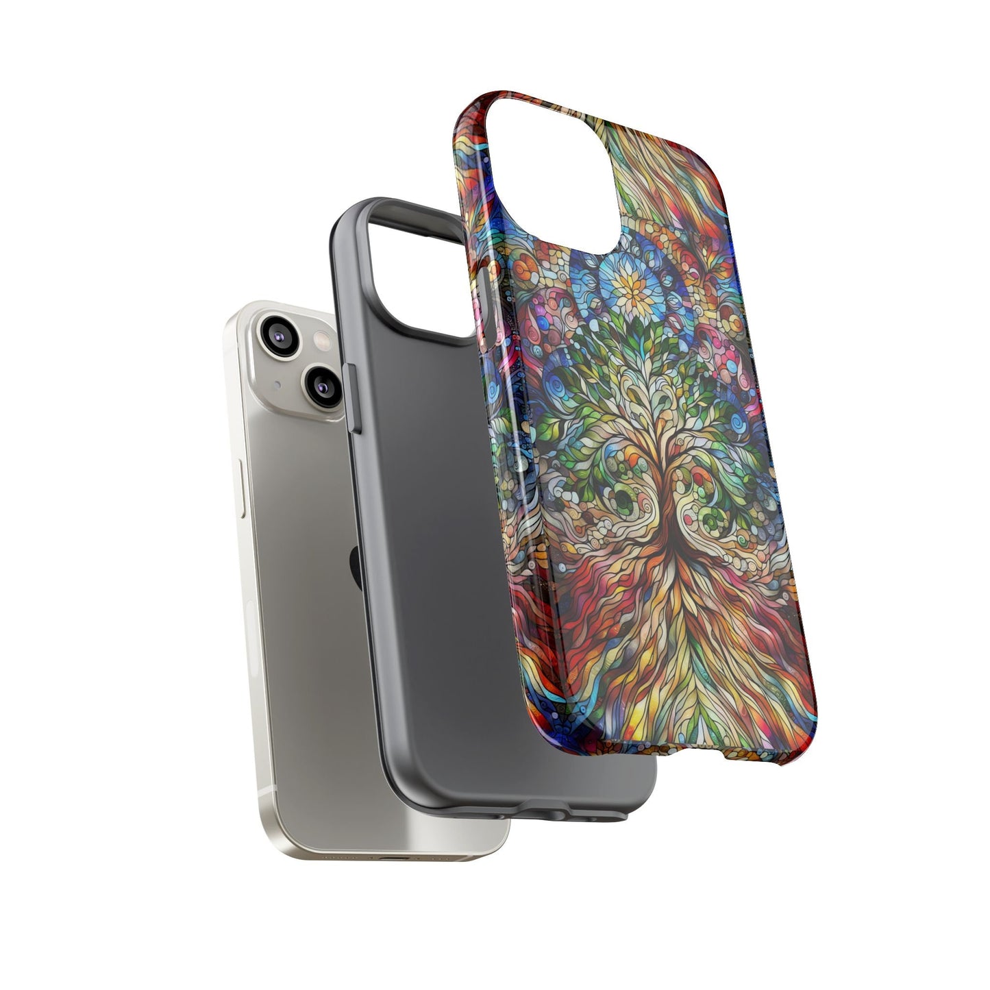 The smartphone is adorned with two aesthetic phone cases: one in a plain gray and the other featuring a vibrant stained glass design named "Celtic Tree of Life Aesthetic Phone Case," both beautifully presented in a floating arrangement.