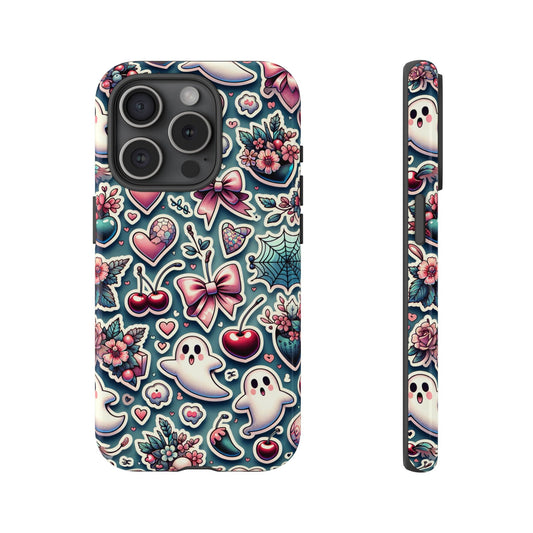 Front view and side view of an iphone 15 Pro Phone Case featuring a dark coquette pattern with girly vibes and a playful aesthetic. Adorned with cute ghosts, pink bows and delicate spiderwebs. It is further enhanced with hearts, flowers, and cherries