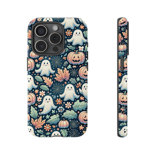 Front view and side view of an iphone 15 Pro Phone Case featuring an enchanting pattern of adorable ghosts, carved pumpkins, and autumn leaves, this phone case brings the festive spirit to your fingertips.