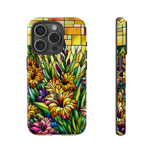 Front view and side view of an iphone 15 Pro Stained Glass Phone Case. It features an intricate design inspired by the August Birth Flower Gladiolus, seamlessly combining vibrant colors and detailed design that mimics stained glass artistry.