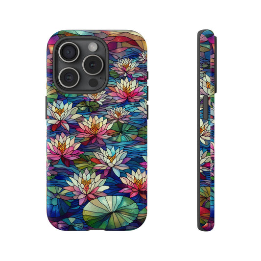 Front view and side view of an iphone 15 Pro Stained Glass Phone Case. It features an intricate design inspired by the July birthflower Water Lily, seamlessly combining vibrant colors and detailed design that mimics stained glass artistry.