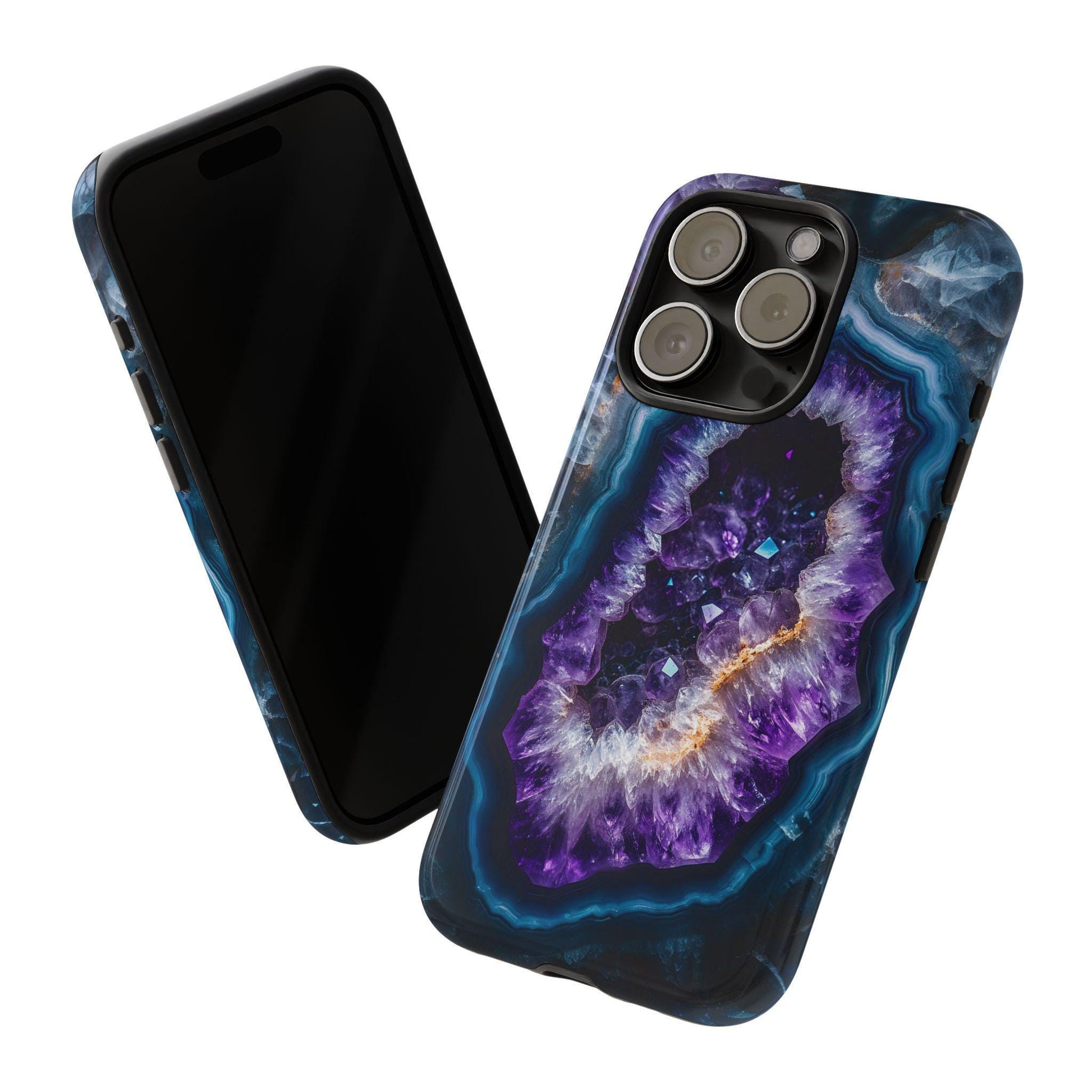 Two smartphones feature the "February birthstone Amethyst Crystal Geode Design Phone Case," perfect for aesthetic lovers. One phone displays its screen while the other showcases the purple, white, and blue geode-patterned back.