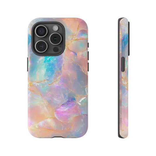 Front view and side view of an iphone 15 Pro Opal Birthstone October Aesthetic Stone Phone Case. It features vibrant pastel colors —mimic the stunning iridescence of natural opals, creating a luxurious marbling effect with golden streaks.