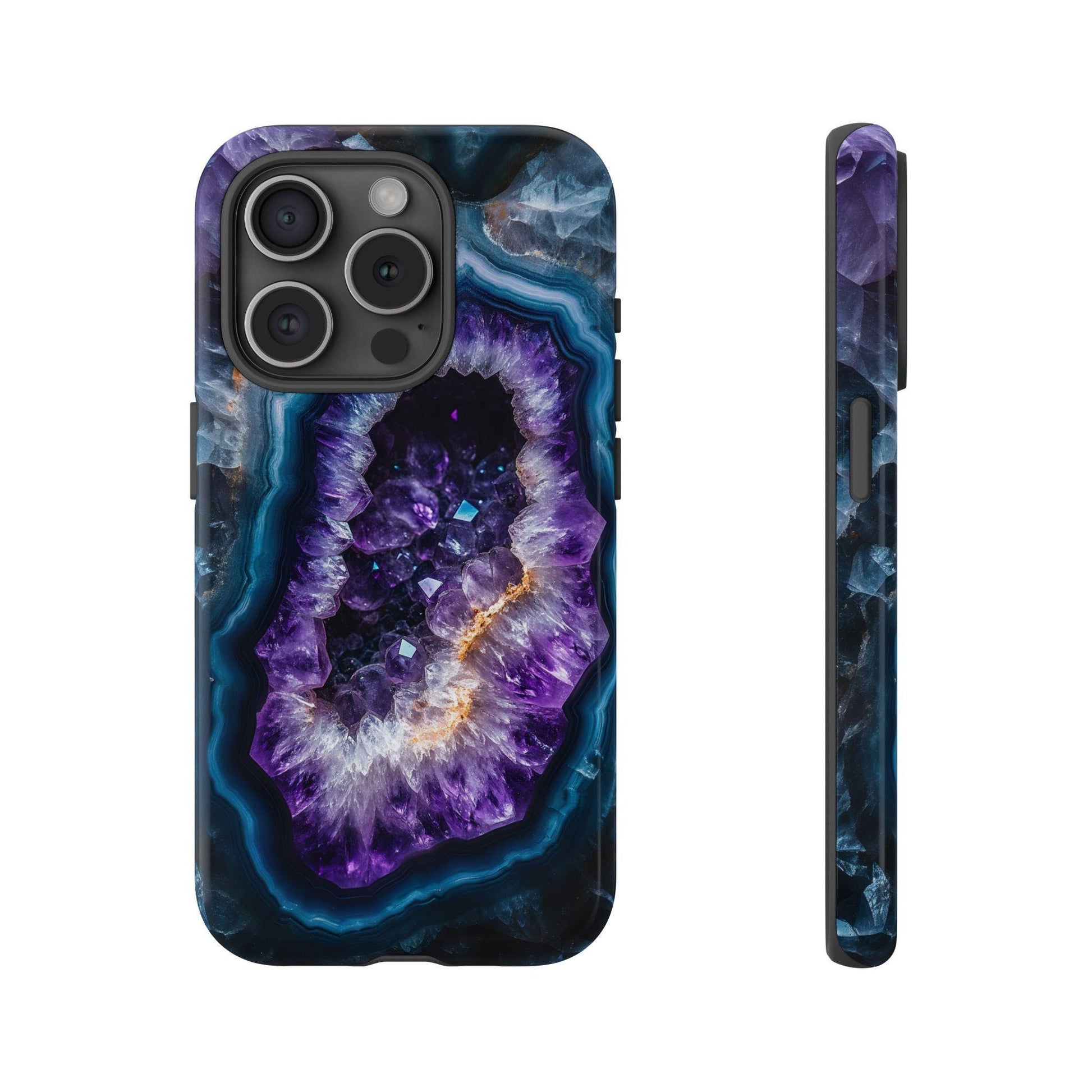 An iPhone 15 Pro case showcases The case features a vivid image of a sliced-open Amethyst Crystal geode revealing its inner splendor.
