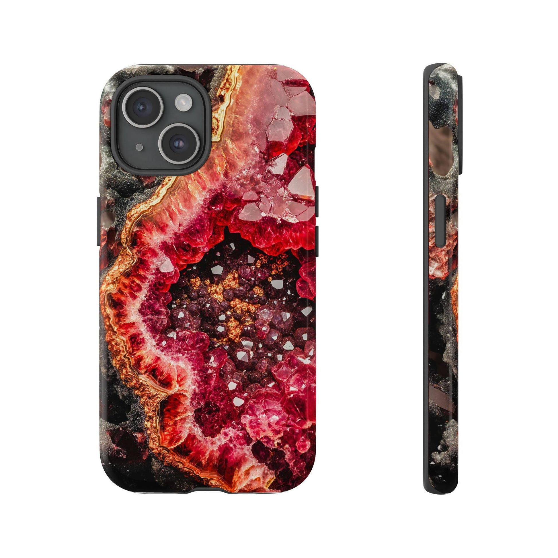 Front view and side view of an iphone 15 Pro January Birthstone Garnet Crystal Geode Design Phone Case featuring a mesmerizing 3D effect with jagged edges and faceted growth patterns.