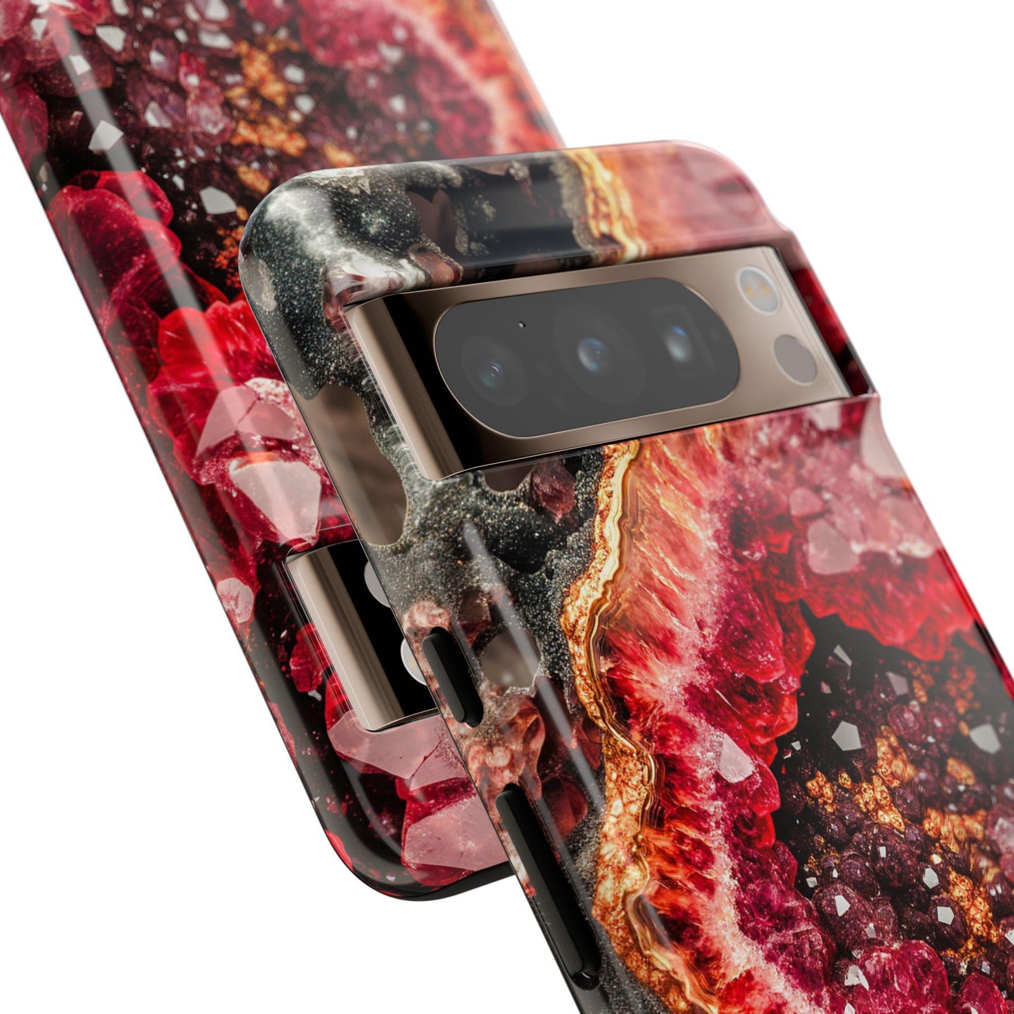 Close-up of a smartphone in the stunning January Birthstone Garnet Crystal Geode Design Phone Case, showcasing the camera lens and the captivating garnet-inspired design that will enchant any geode enthusiast.