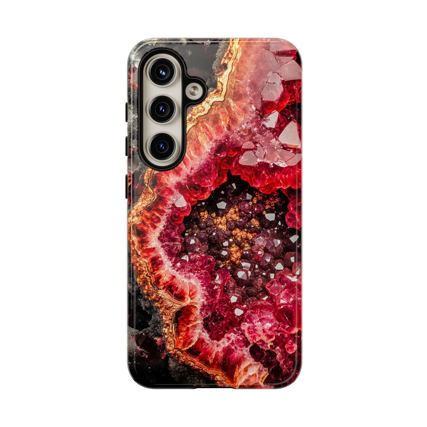 Explore our captivating January Birthstone Garnet Crystal Geode Design Phone Case, showcasing a design inspired by red and orange geodes with intricate crystal-like details, perfect for iPhone 15, 14, 13, Samsung, and Google Pixel.