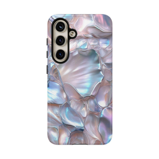 Front view and side view of an Samsung Galaxy S24 June Birthstone Mother of Pearl Design Phone Case featuring a stunning design with an iridescent surface that captures the light in soft pinks, blues, and silvery whites.