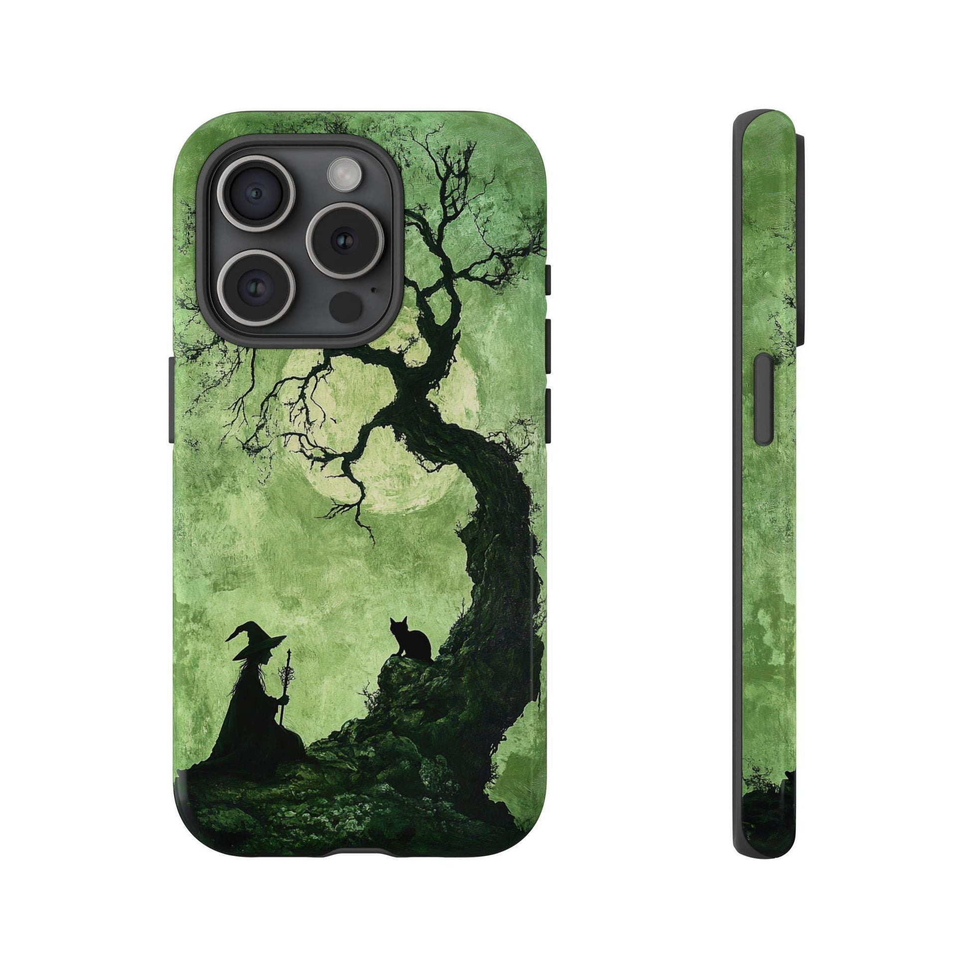 Front view and side view of an iphone 15 Pro phone case showcasing a cloaked witch holding a staff beside an ancient gnarled tree with a black cat perched high on a rock. The dark greens and moody textures create a mysterious atmosphere.