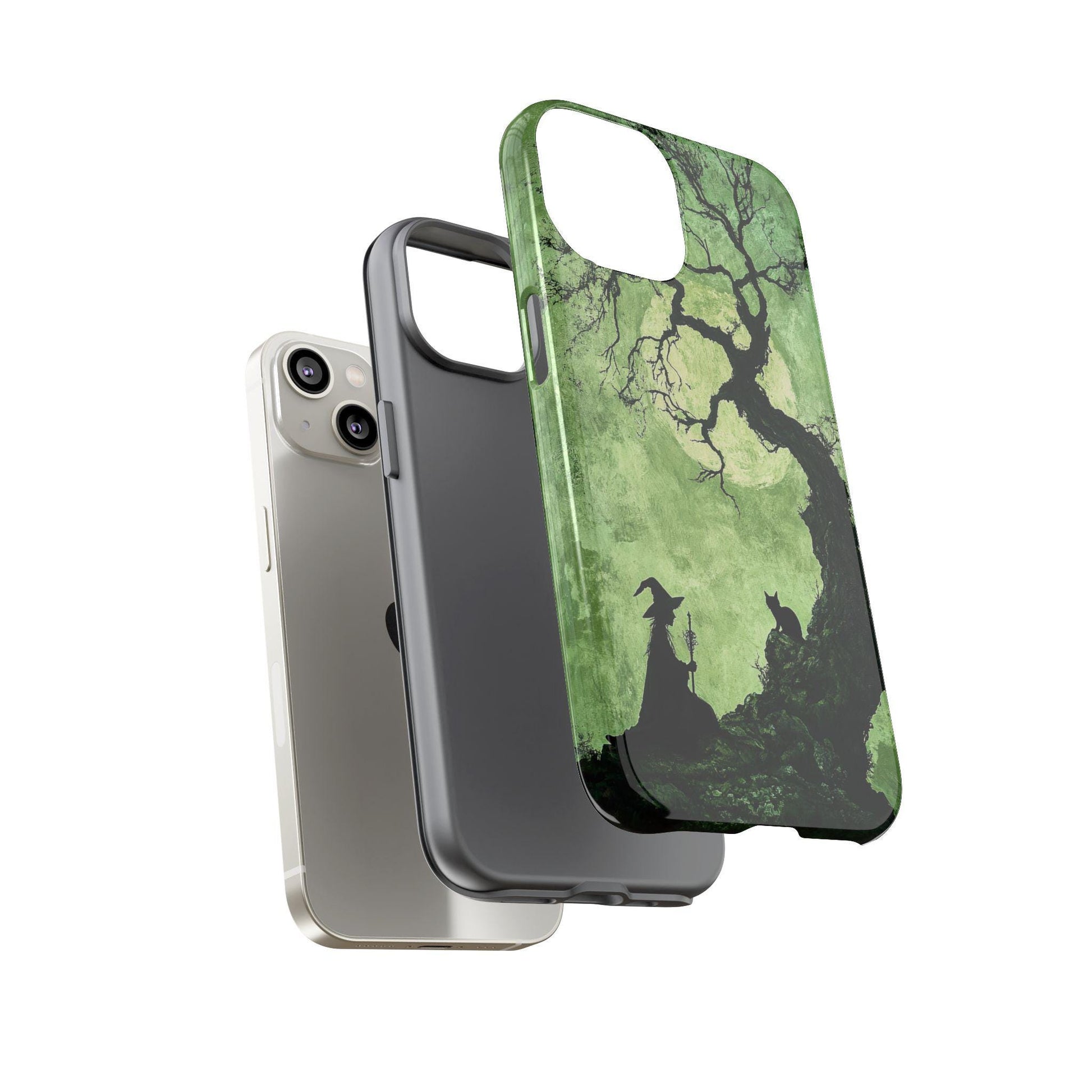 Three iPhone cases with designs, including a tree silhouette on a green background, and the Spooky Witch With Black Cat Phone Case—an ideal Halloween gift for cat lovers—are displayed next to a white iPhone.