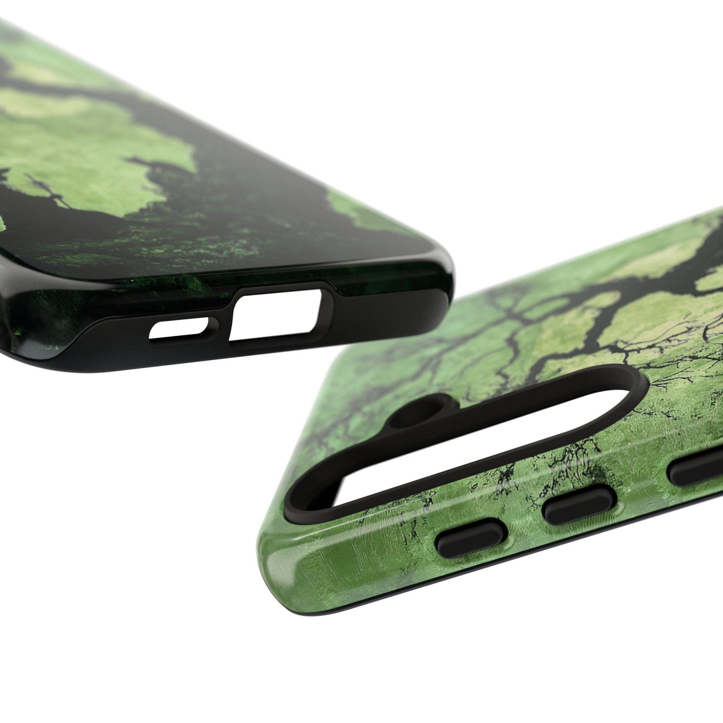 Featured are two phone cases from the "Spooky Witch With Black Cat" collection, offering enchanting green and black abstract patterns ideal for cat enthusiasts. Designed to accentuate the camera cutout and side buttons, these cases add a whimsical and magical flair to your Halloween attire.