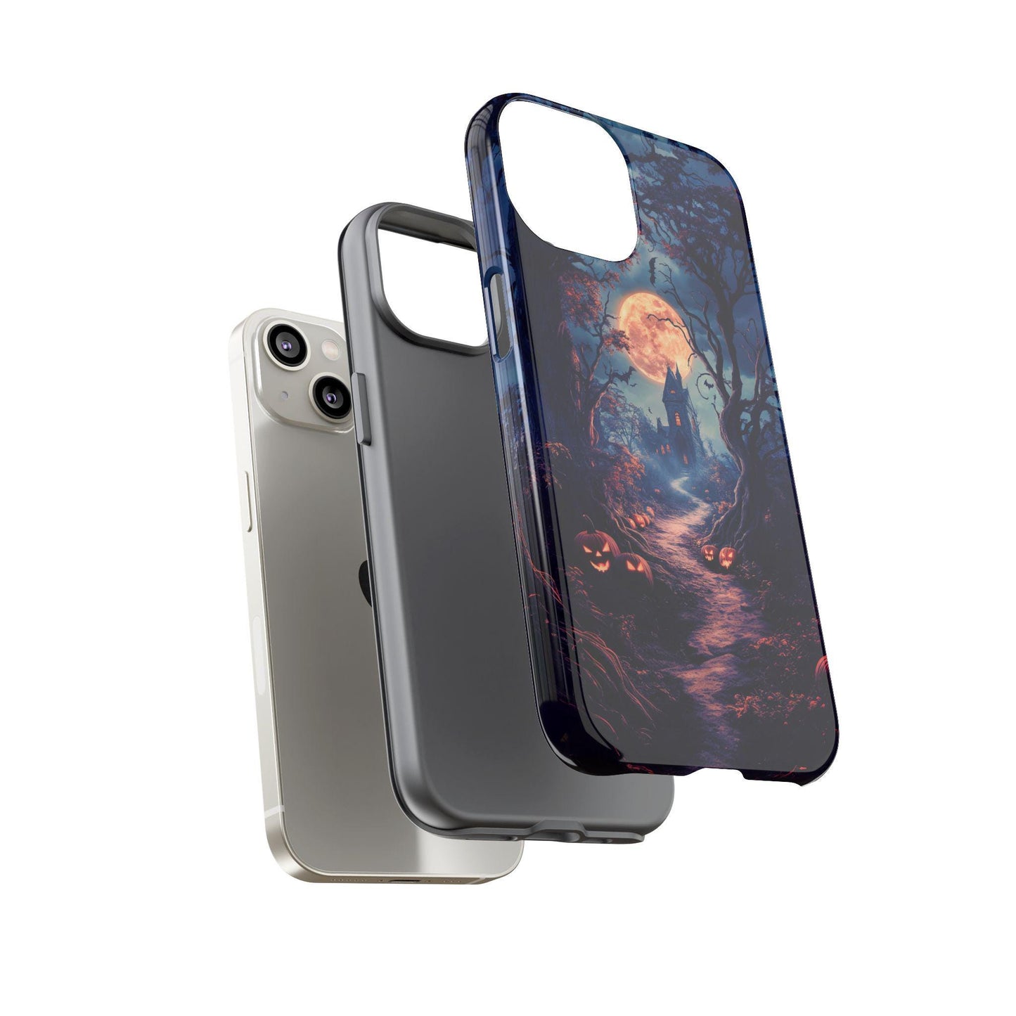 Three phone cases: a plain white case, a plain gray case, and the Haunted Mansion Phone Case, which features a Halloween-themed design with a haunted house and spooky elements like bats and pumpkins, displayed in a row.