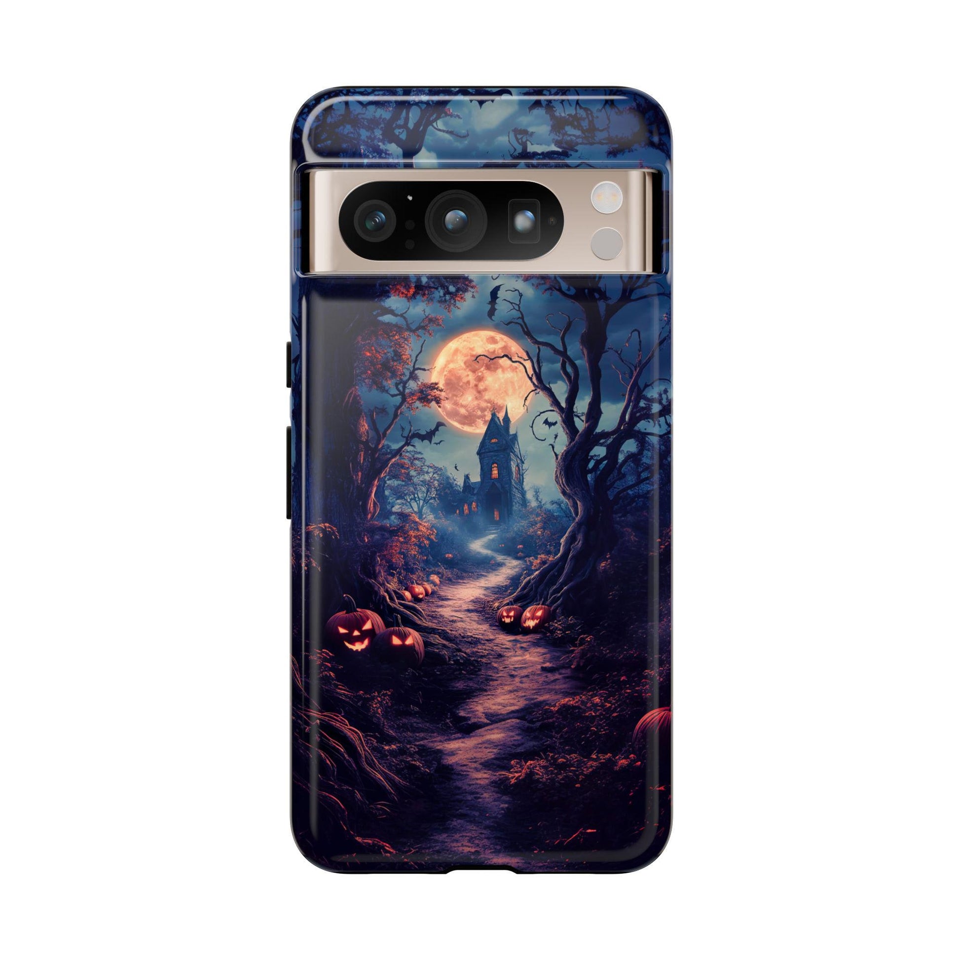 Haunted Mansion Phone Case showcasing a spine-chilling Halloween landscape with eerie bats, pumpkins, and a distant Gothic mansion – perfect for iPhone 15, 14, 13, Samsung Galaxy, and Pixel devices.