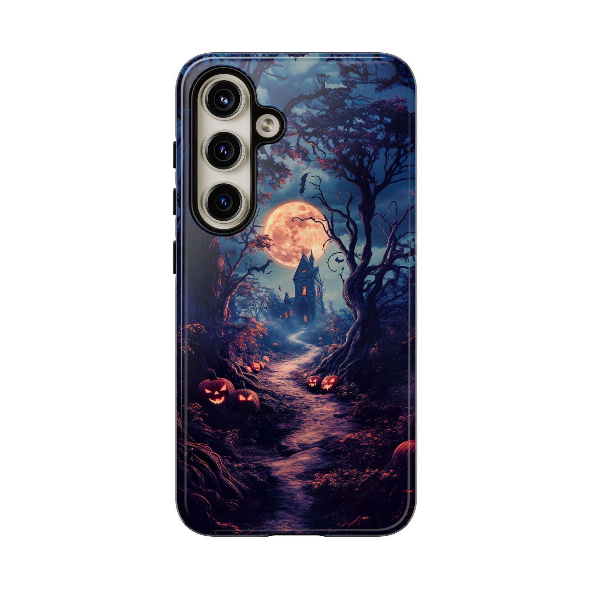 Haunted Mansion Phone Case showcasing a spooky Halloween landscape with a moonlit path leading to a Gothic-style mansion, surrounded by eerie trees and glowing pumpkins, perfect for iPhone 15, 14, 13, Samsung Galaxy, and Pixel users.