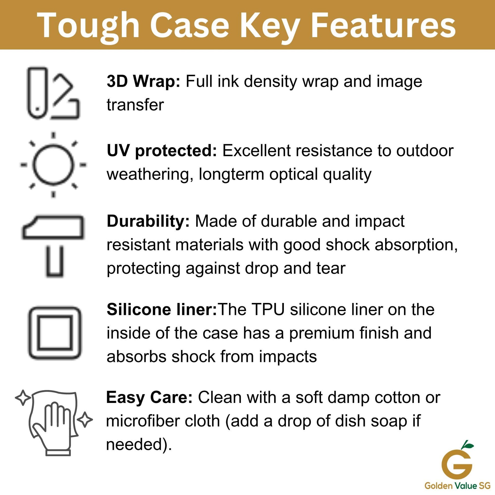 The infographic, titled "Tough Case Key Features," highlights qualities such as 3D Wrap, UV protection, durability, silicone liner, and easy care, mirroring the robustness of the January Birthstone Garnet Crystal Geode Design Phone Case for iPhone 15/14/13 and Samsung Google Pixel. The design features icons and prominently showcases the Golden Value SG logo in the bottom right corner.