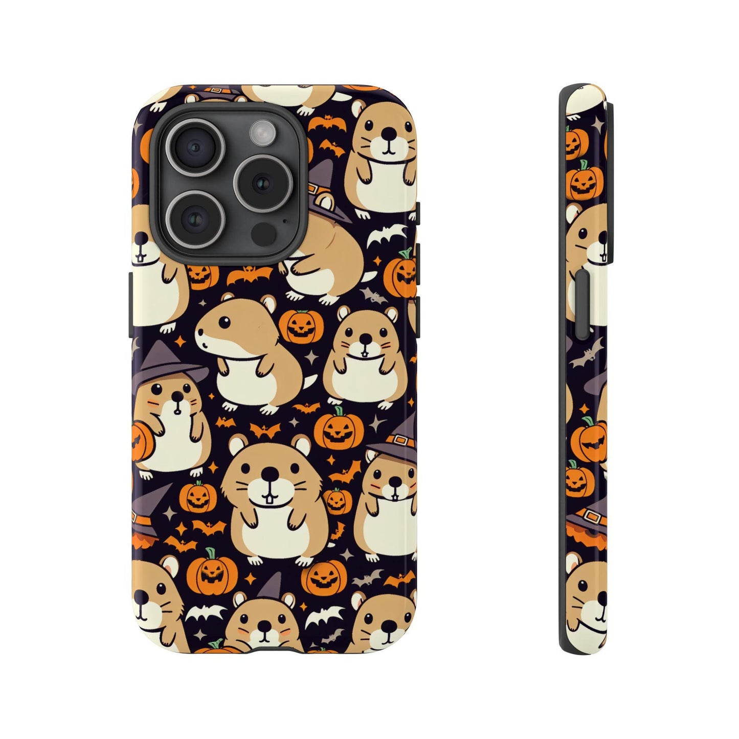 An iPhone 15 Pro case showcasing an adorable hamster pattern design amidst pumpkins, witch hats, and bats, this case is the ultimate hamster accessory for those who love hamsters.