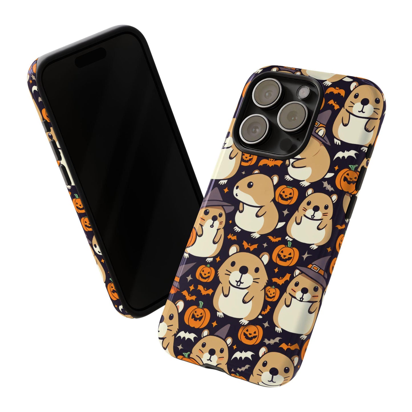 This Halloween Cute Hamster Phone Case is the ideal gift for hamster lovers, showcasing a delightful design of cartoon animals, pumpkins, and bats on a dark background. Perfectly festive and adorable.