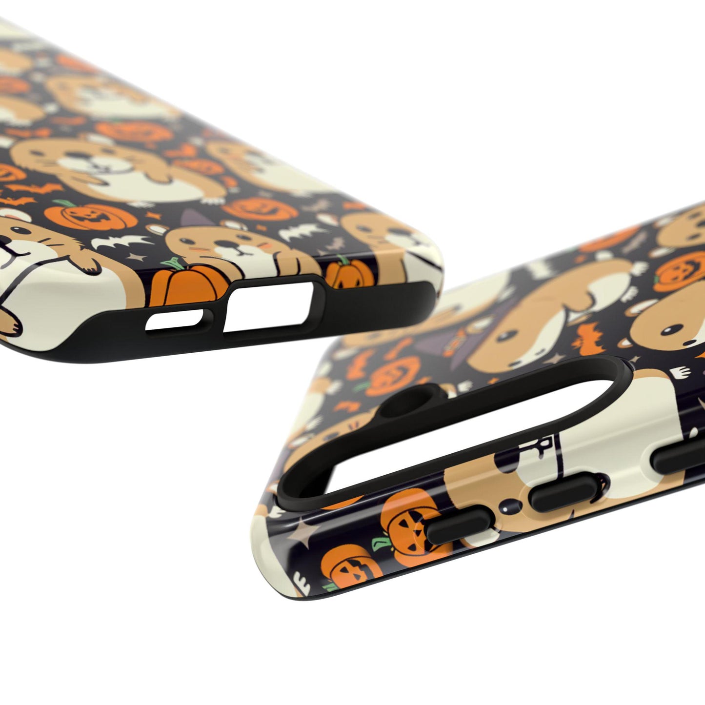 Get into the Halloween spirit with two phone cases featuring delightful cartoon dogs, pumpkins, and a cute hamster in vibrant orange, black, and white hues. The Halloween Cute Hamster Phone Case is an ideal kawaii gift for any hamster lover and fits iPhone 15, 14, 13, 12; Samsung Galaxy; and Pixel devices.