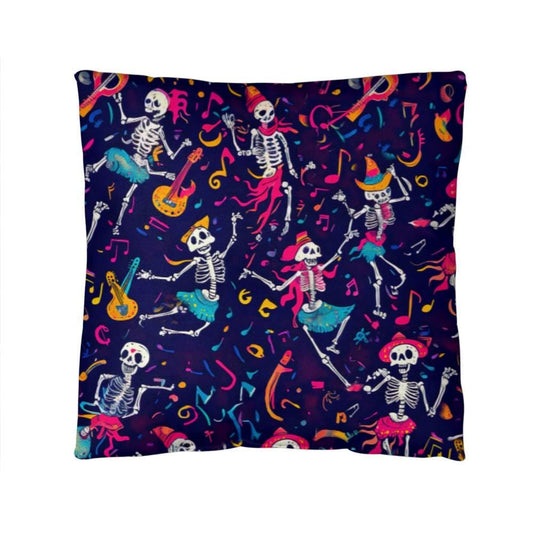 Front view of a sqaure Dancing Skeleton Pillow featuring an enchanting array of dancing skeletons, each adorned with playful party hats and instruments, bringing a lively Day of the Dead vibe to your decor.