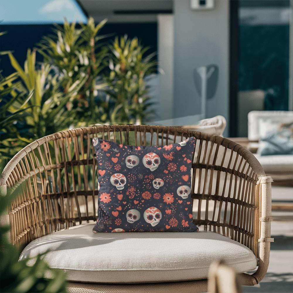 A wicker chair with the Day of the Dead Mexican Skull Pillow, featuring sugar skull designs and flower patterns, set on an outdoor patio adorned with plants, adds the perfect touch of Halloween decor.