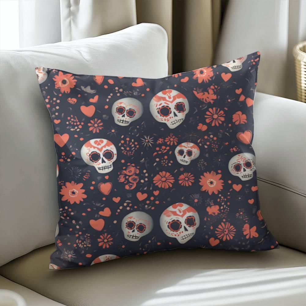 The "Day of the Dead Mexican Skull Pillow" is a spooky decorative pillow that features sugar skull designs, flowers, and hearts in vibrant orange and white against a dark background. It's ideal for enhancing your goth home decor or adding a touch of Halloween flair. Perfect as a Halloween gift or Dia De Los Muertos decor for skull lovers!