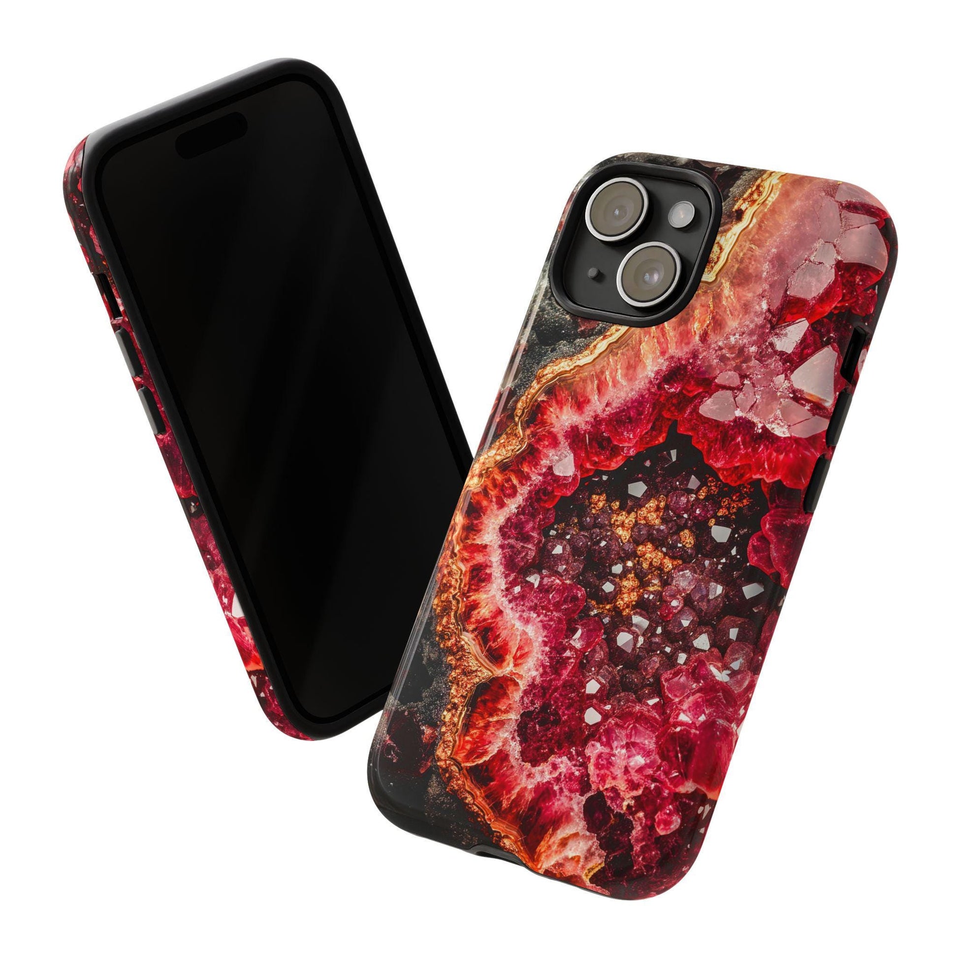 Two smartphones encased in January Birthstone Garnet Crystal Geode Design Phone Cases, featuring a vibrant garnet-inspired pattern in deep red and orange hues.