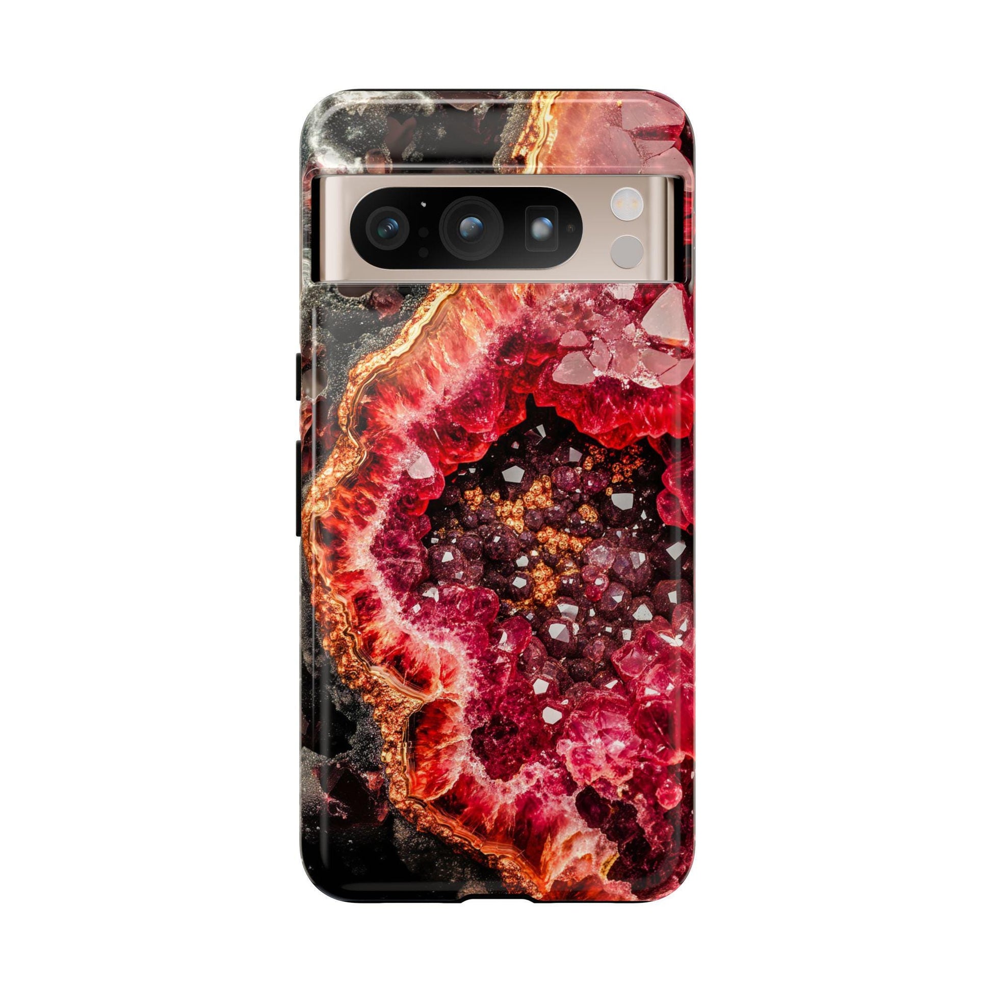 The January Birthstone Garnet Crystal Geode Design Phone Case features a vibrant geode pattern with deep red, orange, and black tones, accented by crystal-like details.