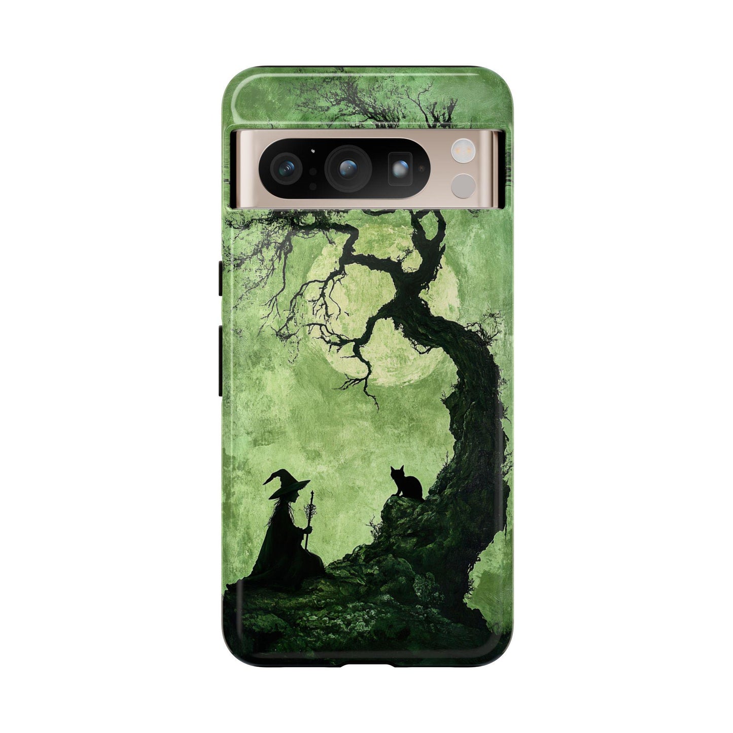 The Spooky Witch With Black Cat Phone Case features a haunting silhouette of a witch with her black cat next to a twisted tree set against an eerie green background, making it the ideal choice for black cat enthusiasts.