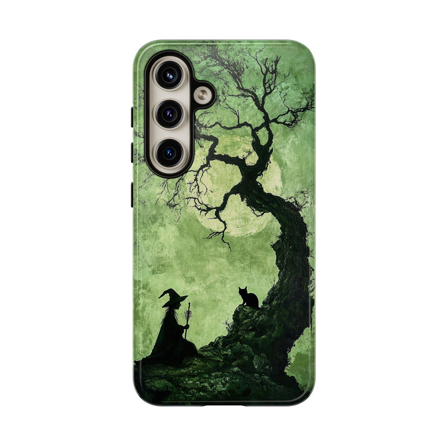 The Spooky Witch With Black Cat Phone Case is an ideal Halloween gift for cat lovers, showcasing a witch with her feline companion under a gnarled tree, set against a haunting green moonlit backdrop. Compatible with iPhone 15, 14, 13 and Samsung S24 Galaxy Pixel.