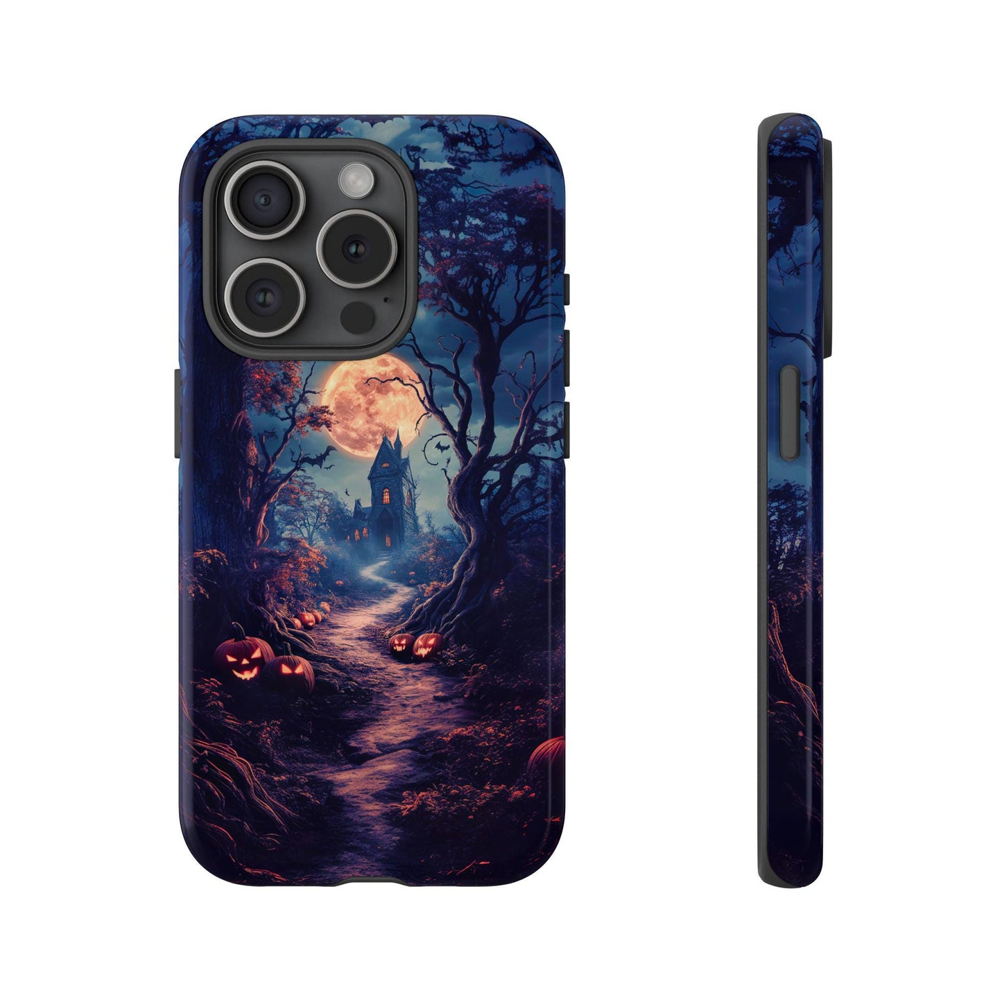 Haunted Mansion Phone Case with a spooky design featuring bats, pumpkins, silhouetted trees, and a distant haunted mansion—perfect for Halloween!