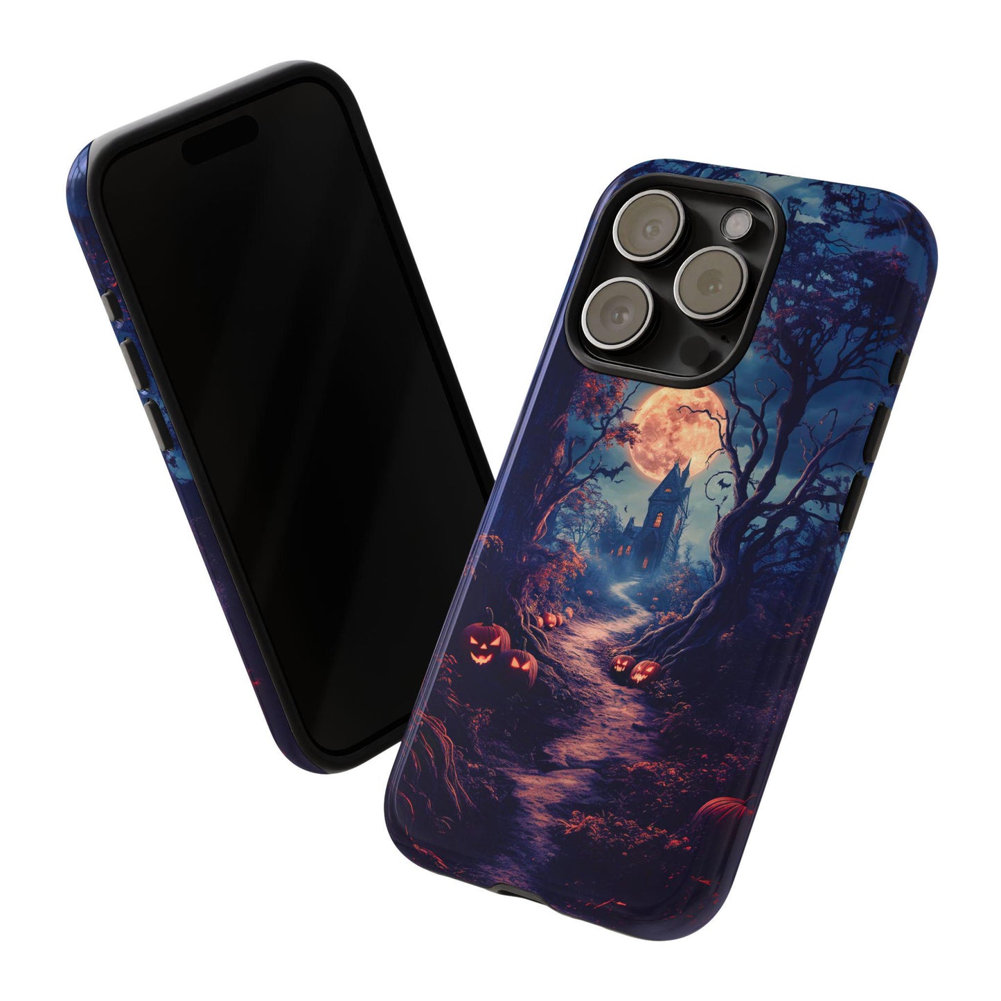 Two smartphones feature the Haunted Mansion Phone Case, adorned with Halloween-themed designs of a haunted house surrounded by spooky bats and pumpkins, infusing your device with eerie vibes.