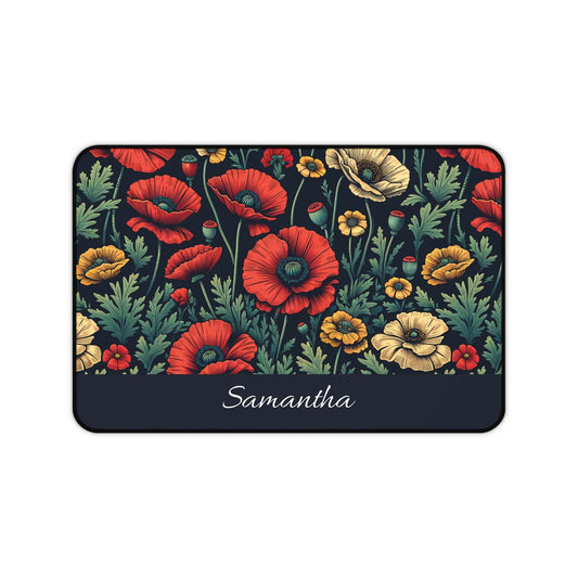 Front view of a Personalized Dark Floral Desk Mat, Wildflower Poppy Mouse Pad. Featuring captivating vibrant red and yellow poppies set against a deep, dark background personalized with the name Samantha. Perfect for nature lovers.