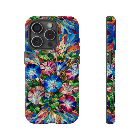 Front view and side view of an iphone 15 Pro Stained Glass Phone Case. It features an intricate design inspired by the September Birth Flower Morning Glory, seamlessly combining vibrant colors and detailed design that mimics stained glass artistry.