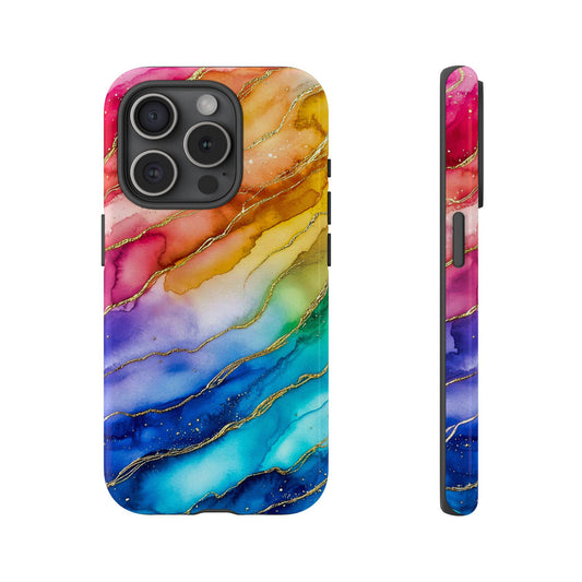 An iPhone 15 Pro case showcasing a mesmerizing marbling effect with shades transitioning from pink and purple to blue and teal. Golden veins meander through the colors, adding a touch of luxury and sophistication.